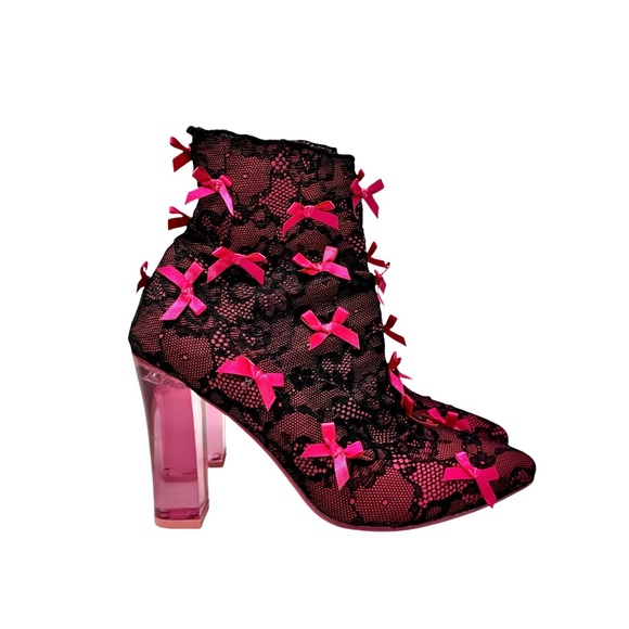 Sugar Thrillz Rubine Lace Sock Heels Bow Coquette Whimsigoth Size 8 - Picture 2 of 10